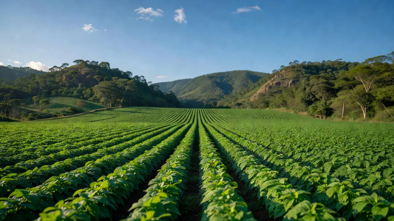 Cultivos verdes en hileras con las montañas del piedemonte llanero al fondo