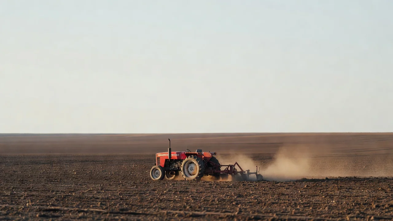 Tractor en un lote plano de tierra oscura bajo un cielo amplio de los llanos