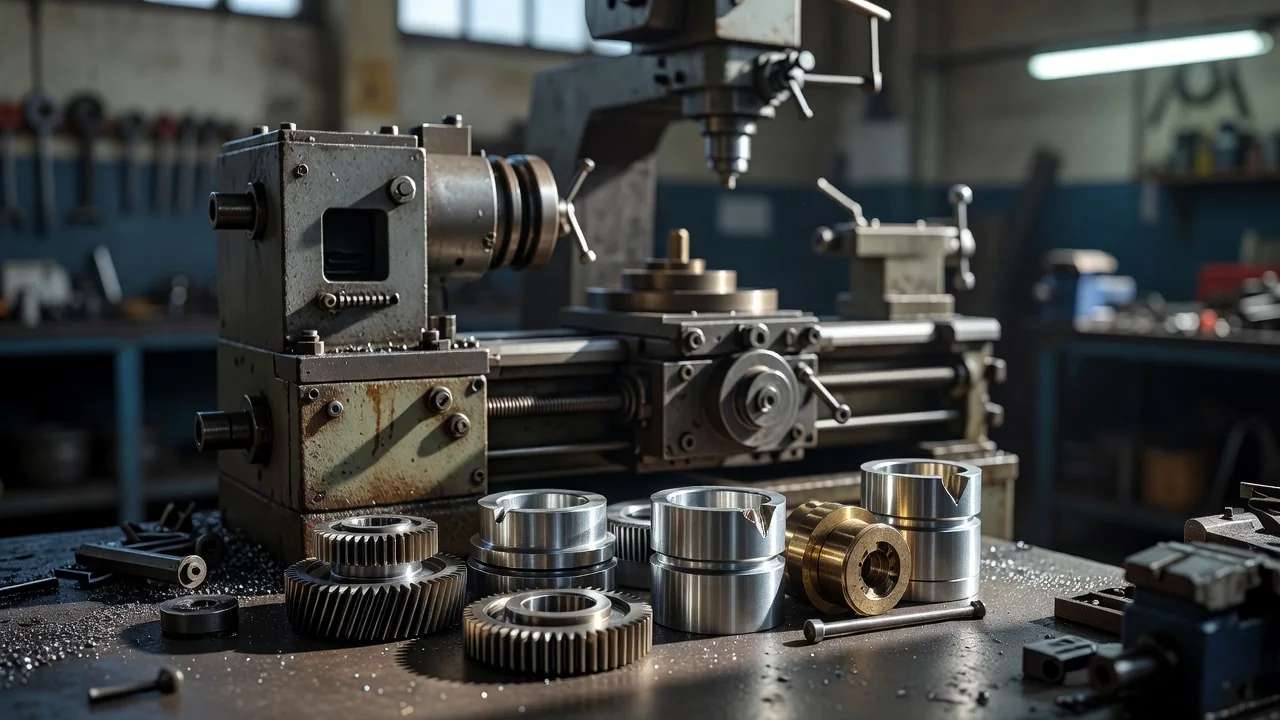 Máquina herramienta industrial con piezas metálicas recién mecanizadas en primer plano