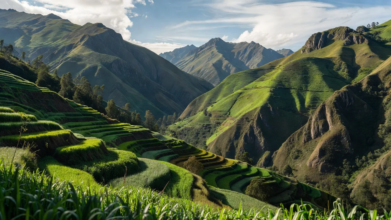 Montañas verdes andinas con cultivos en ladera bajo un cielo parcialmente nublado