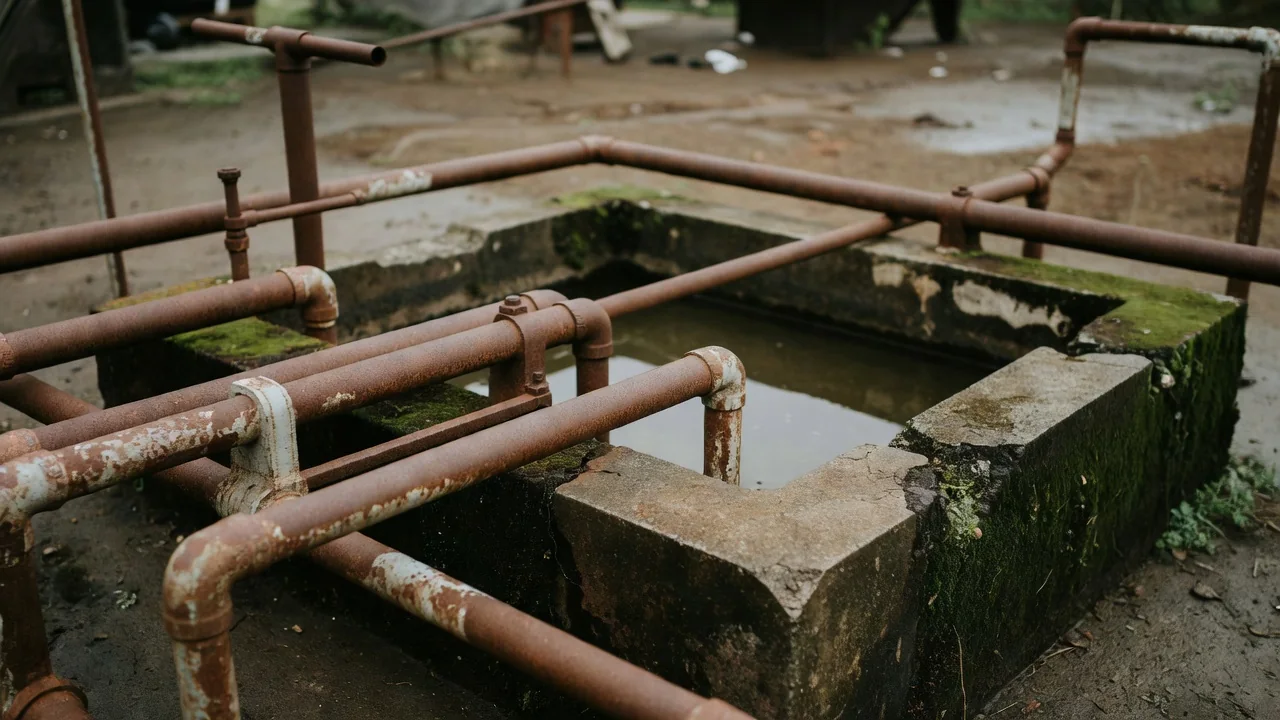 Tuberías y tanques metálicos de una pequeña planta de tratamiento de agua al aire libre