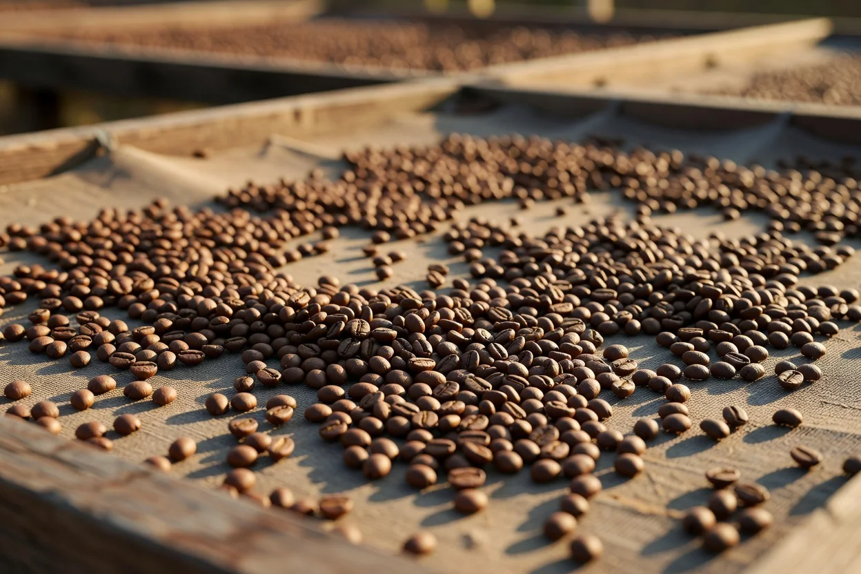 Granos de café secándose al sol en una cama africana de madera y malla