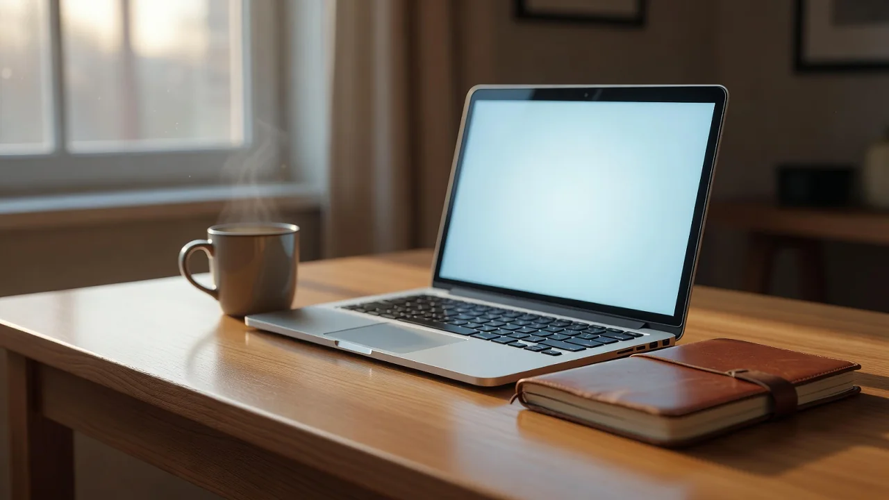 Portátil sobre un escritorio mostrando una pantalla encendida junto a una taza y un cuaderno