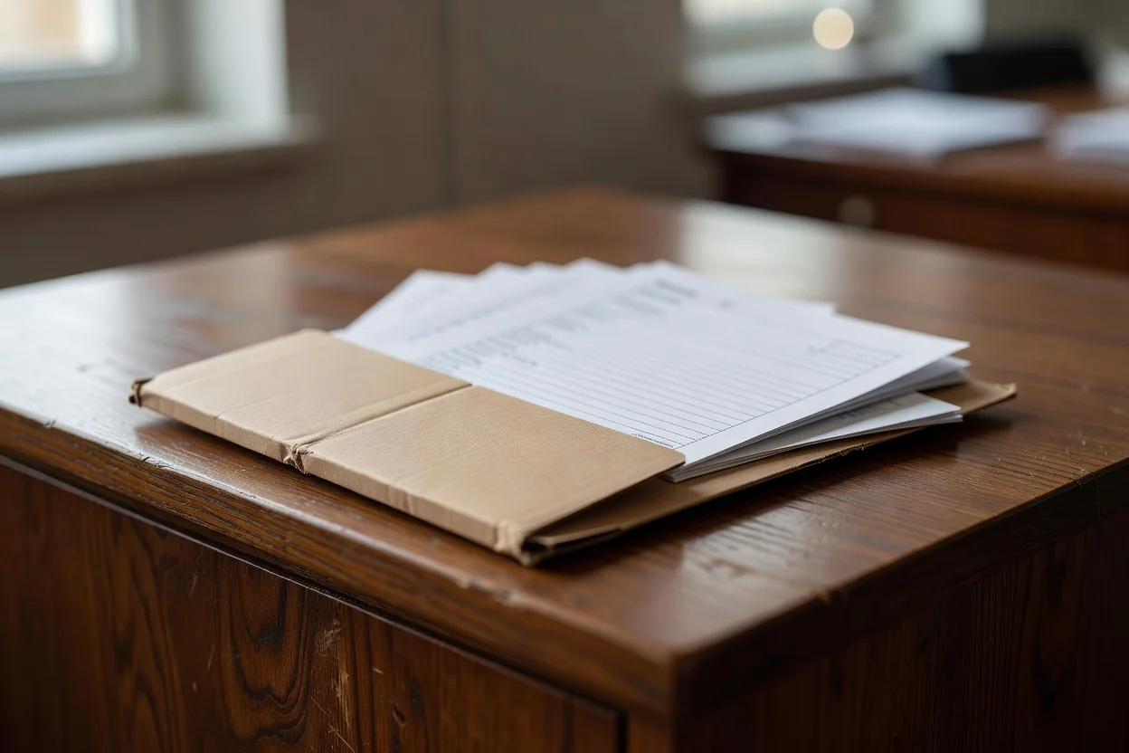 Carpeta de cartón con documentos impresos asomando sobre un archivador de madera