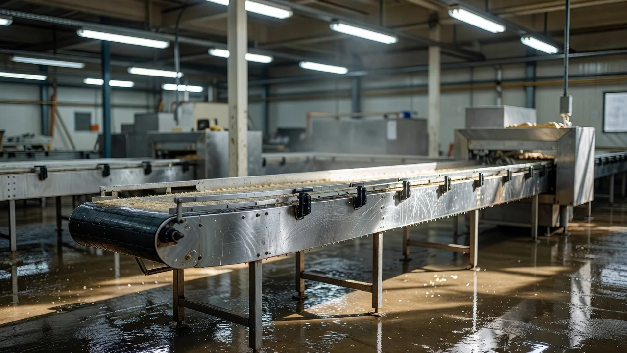 Interior de una planta de alimentos con bandas transportadoras vacías y luces industriales