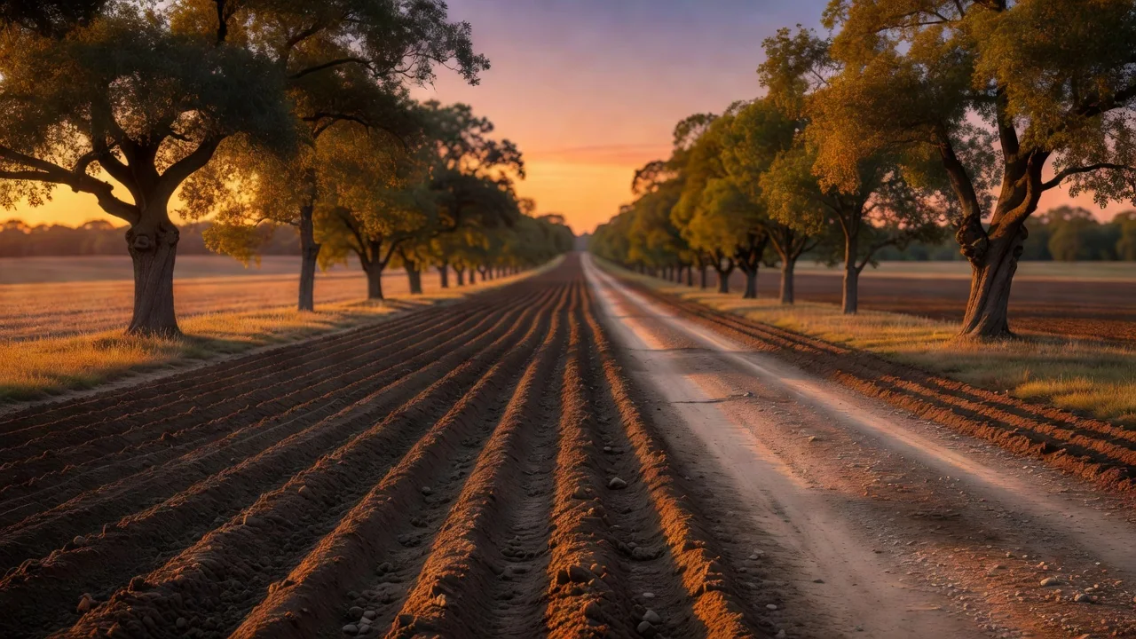 Campo sembrado con surcos recién arados y un camino rural entre árboles al atardecer