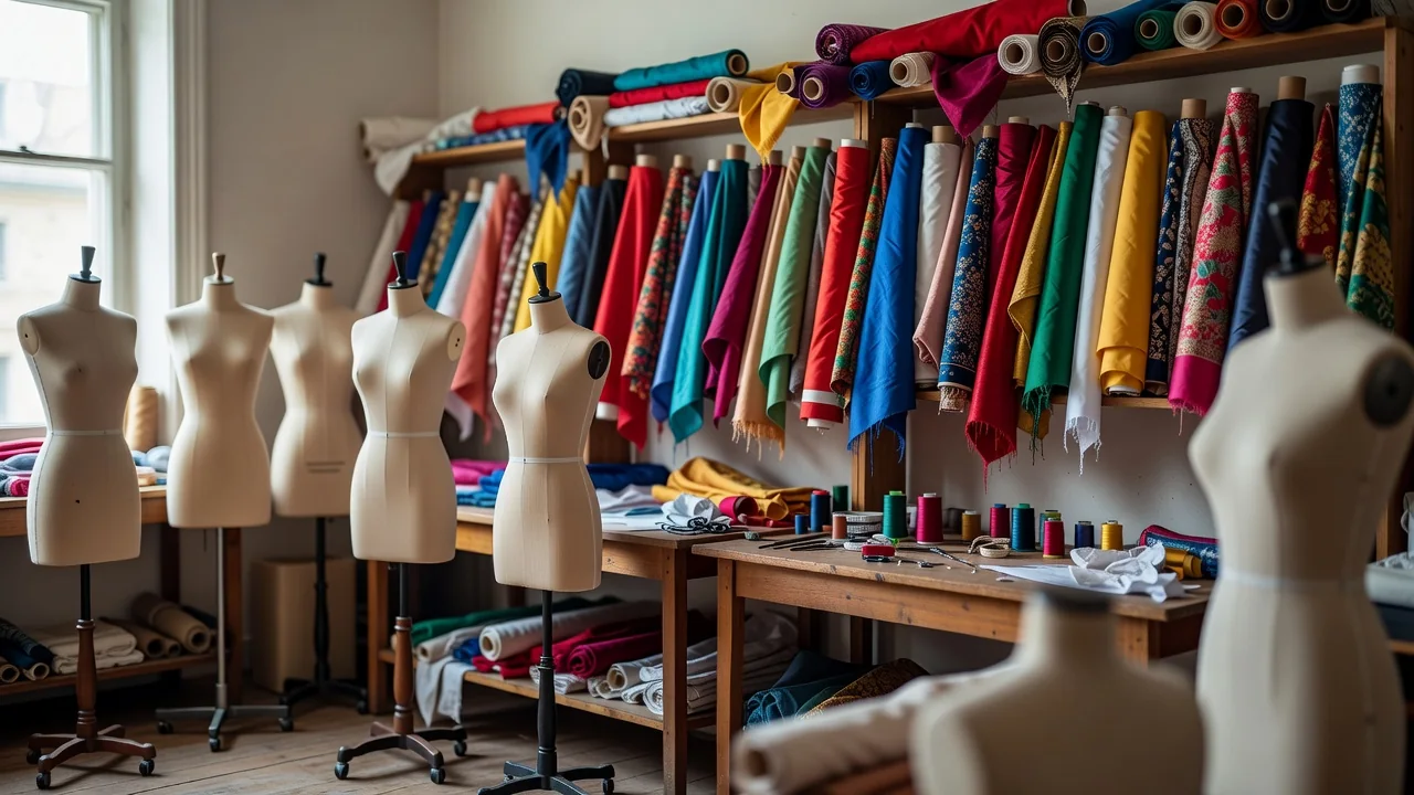 Taller de costura con maniquíes y rollos de tela de colores en estanterías