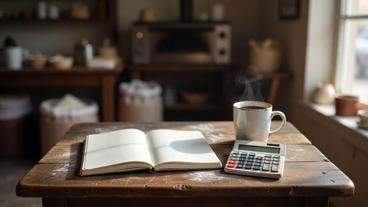 Mesa de trabajo con cuaderno de presupuesto abierto, calculadora y café en una panadería pequeña