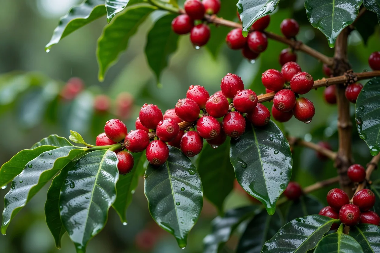Racimos de café rojo en la rama con hojas verdes brillantes después de la lluvia