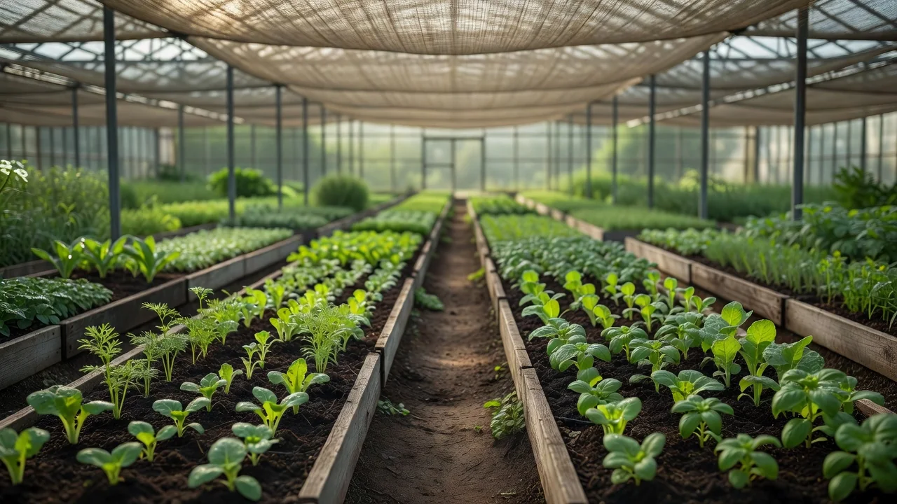 Invernadero con hileras de plantas jóvenes bajo malla de sombreado y luz natural suave