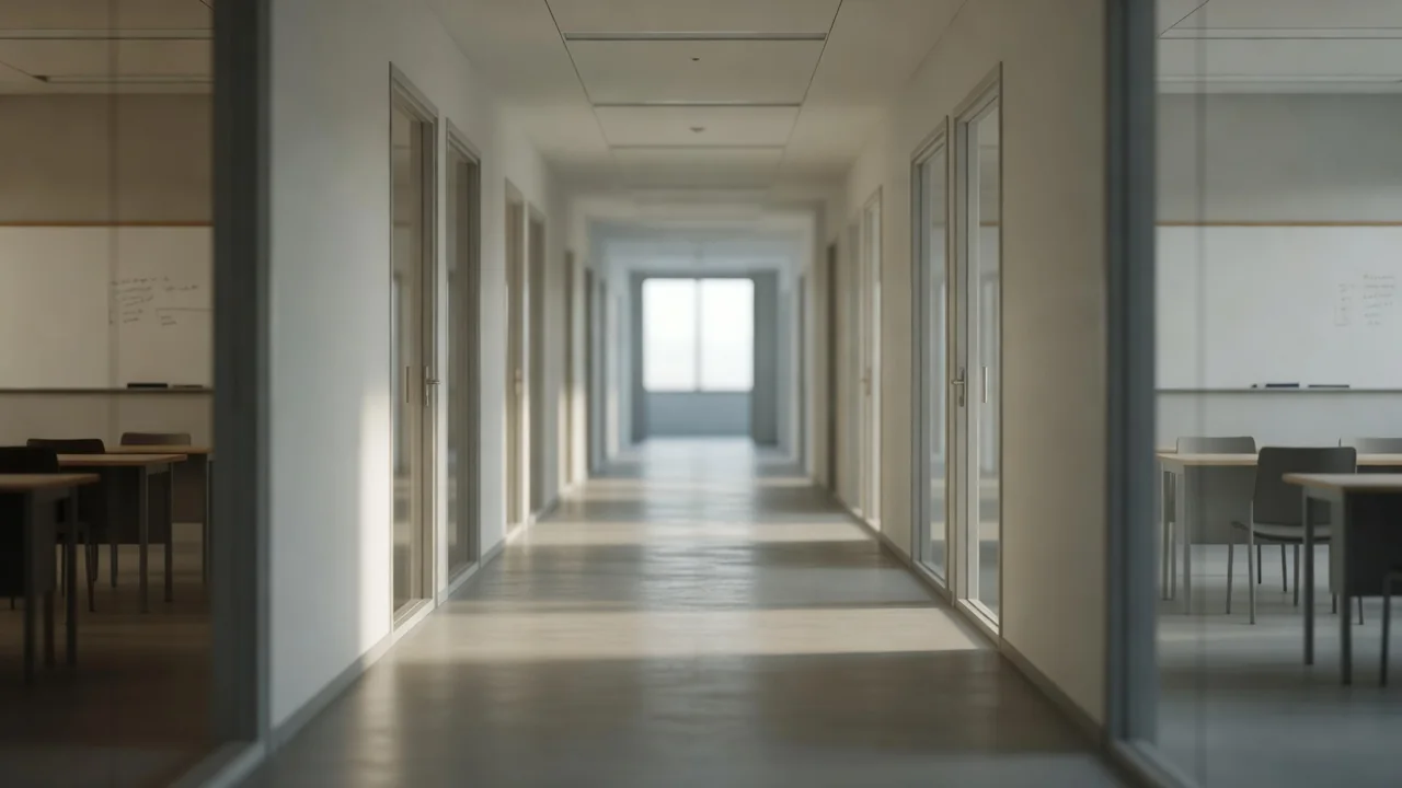 Pasillo de un centro de formación con aulas a los lados y luz natural al fondo