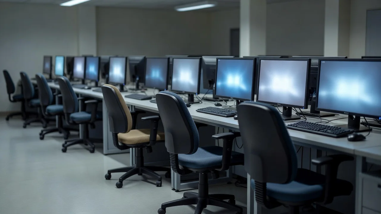 Grupo de computadores en una sala de sistemas con pantallas encendidas y sillas vacías