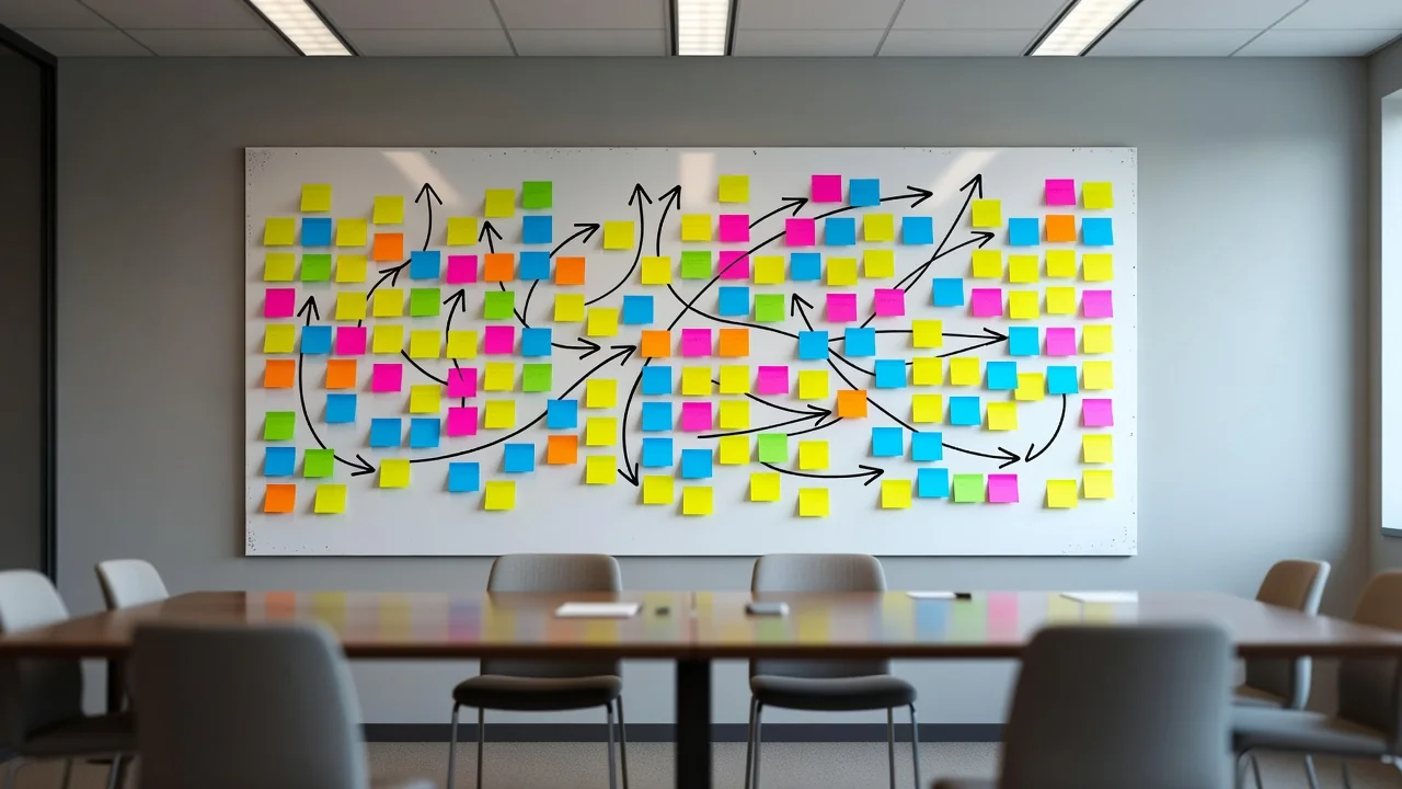 Sala de juntas vacía con tablero de notas adhesivas de colores y diagramas de planeación