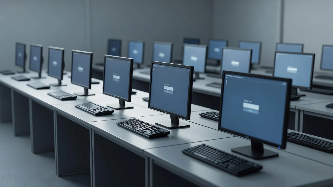 Aula de informática vacía con filas de monitores encendidos y teclados alineados