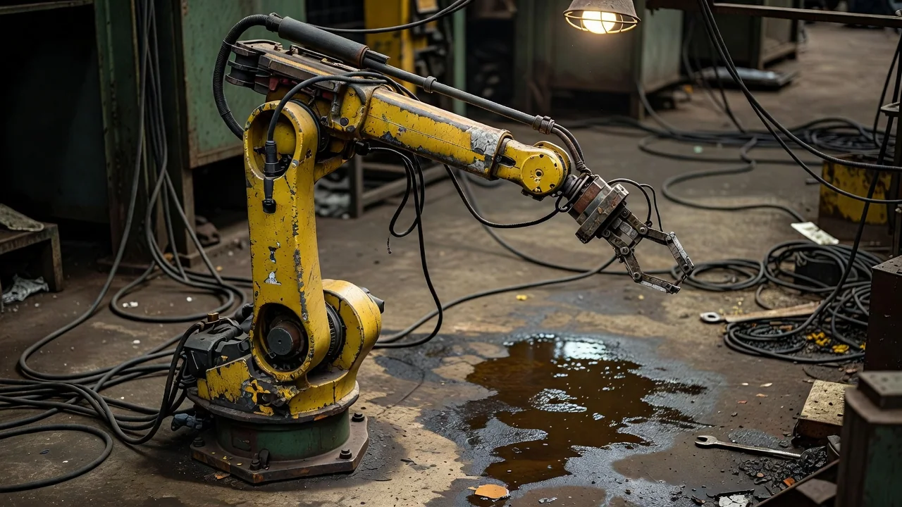 Brazo robótico industrial junto a una consola de control en un taller tecnológico vacío