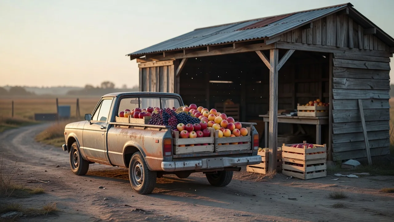 Camión pequeño cargado con cajas de frutas frescas en un empaque rural al amanecer