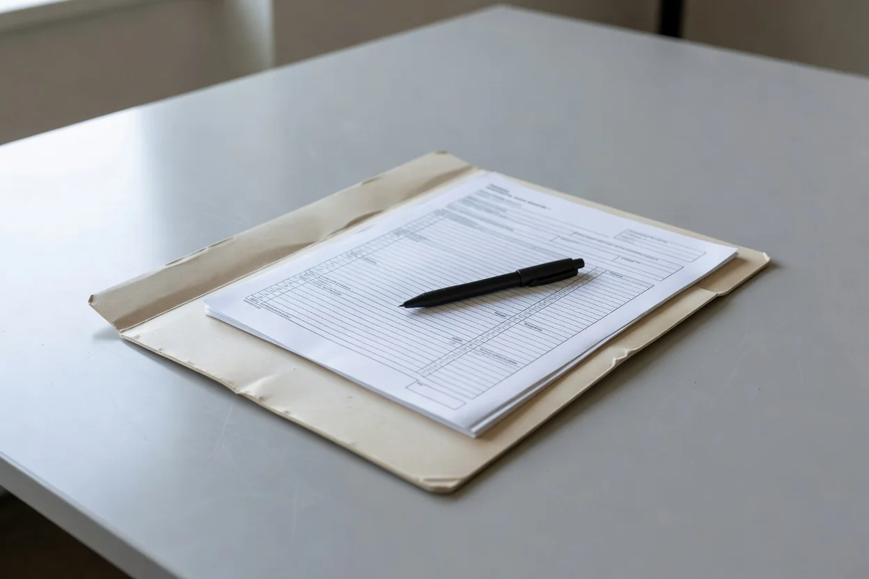 Carpeta con formularios impresos y un bolígrafo sobre un mesón de trabajo institucional
