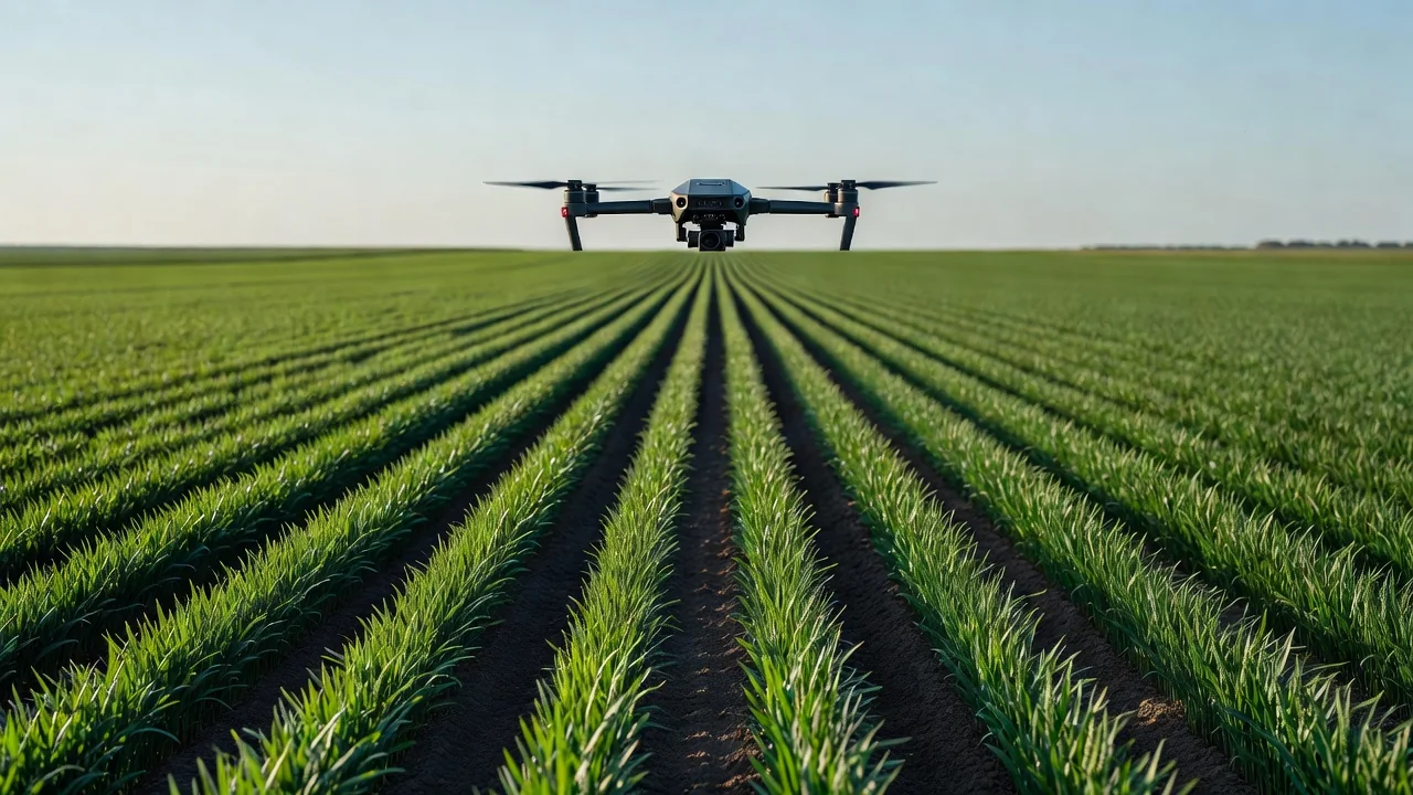 Dron sobrevolando un cultivo verde en hileras bajo un cielo despejado de mañana