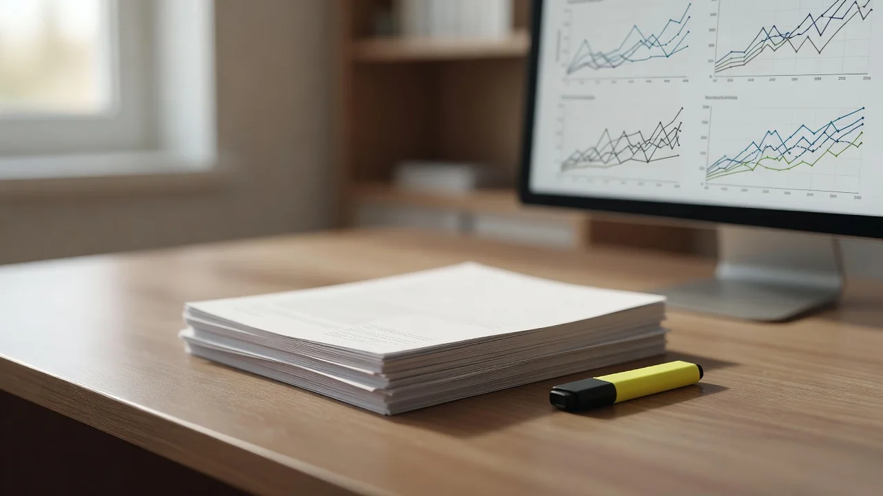 Escritorio con informes impresos, resaltador y una pantalla con gráficos de líneas